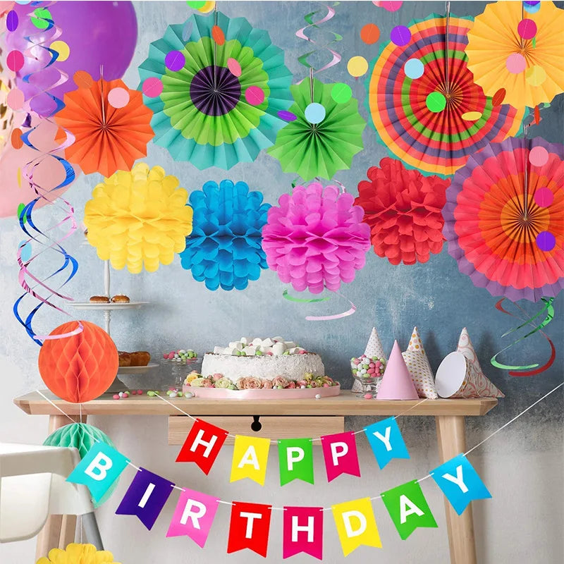 décoration fête multicolore guirlande happy birthday ballons spirales festives papier plissé pois colorés