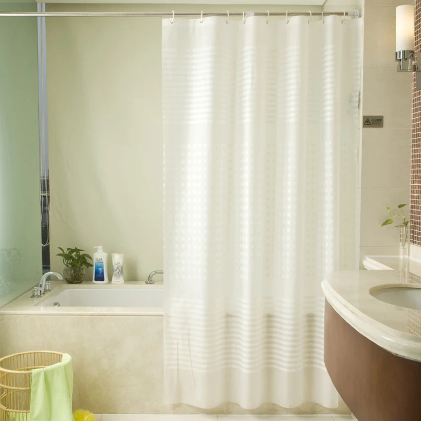 rideau douche moderne blanc rayures horizontales waterproof translucide métalliques grande taille