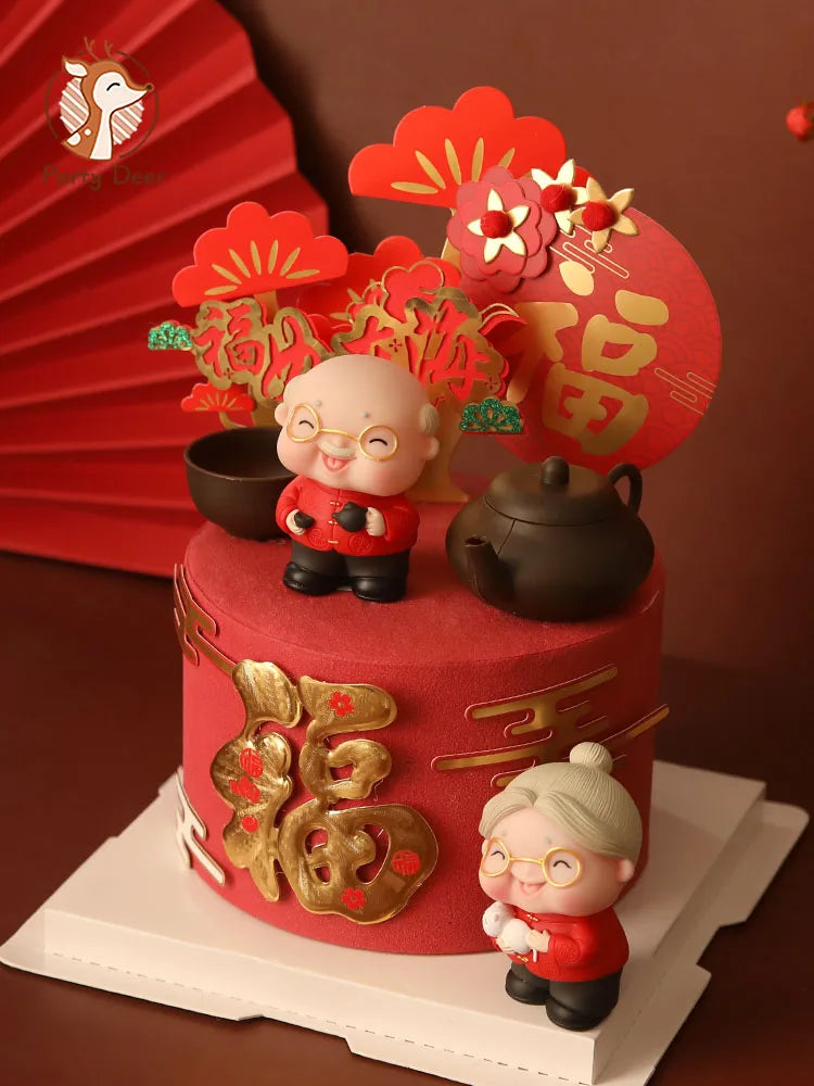décoration gâteau anniversaire mariage retraite thème festif personnages chinois théière fleurs rouges motifs traditionnels
