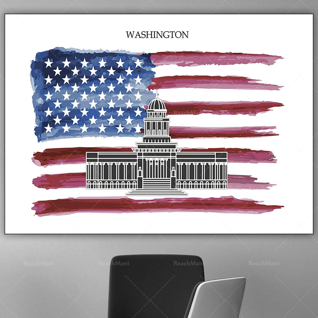 L'image représente le drapeau américain en arrière-plan avec le bâtiment du Capitole fédéral au premier plan, symbolisant la ville de Washington, la capitale des États-Unis.