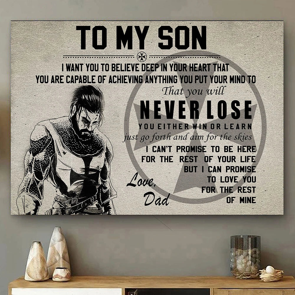 Affiche inspirante adressée à un fils, l'encourageant à croire en ses capacités, à ne jamais abandonner et à se souvenir de l'amour inconditionnel de son père.