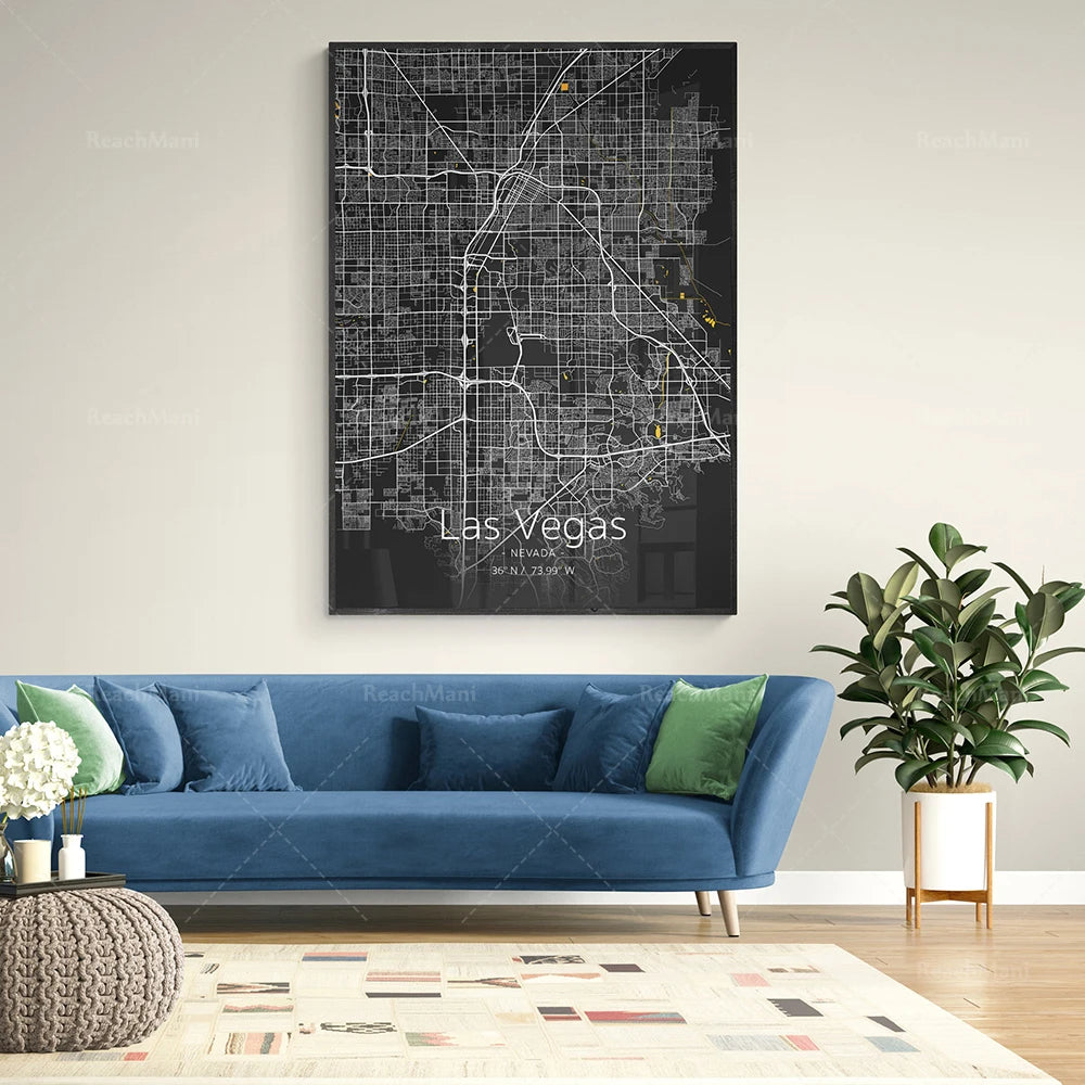 Affiche murale représentant une carte détaillée de Las Vegas, Nevada, montrant le réseau routier et urbain de la ville.