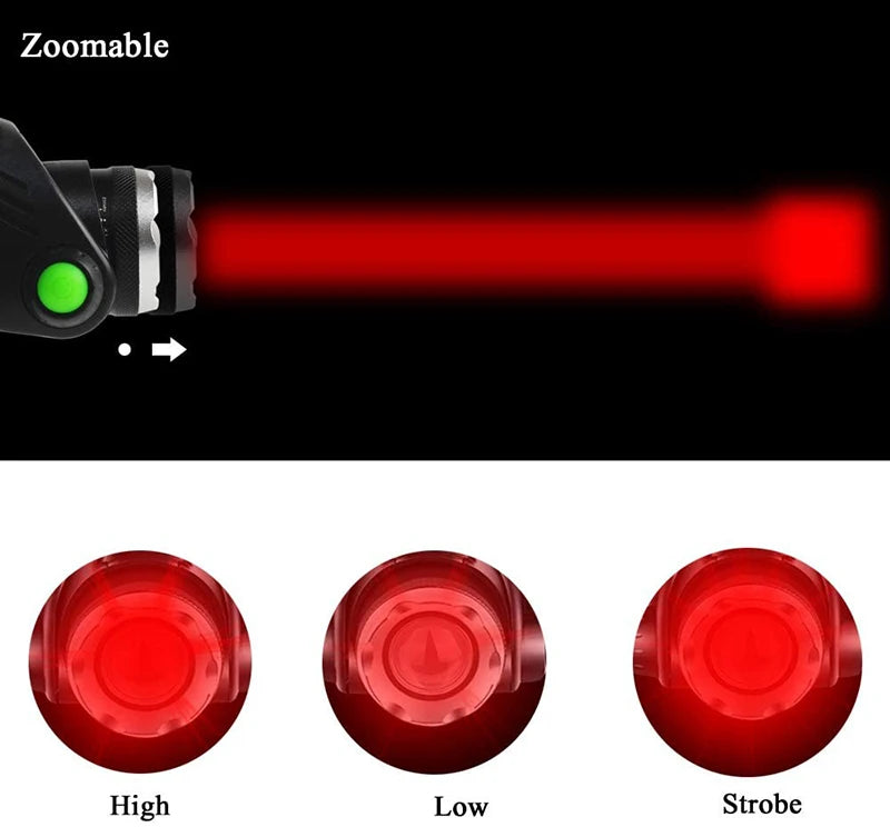 lampe frontale led zoomable faisceau rouge course camping randonnée ceinture interrupteur moderne noire bleue