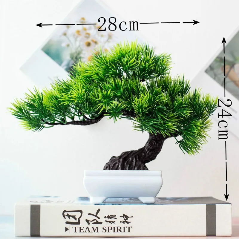 bonsaï artificiel vert feuilles fines pot blanc décoration intérieure classique tronc texturé plante verte