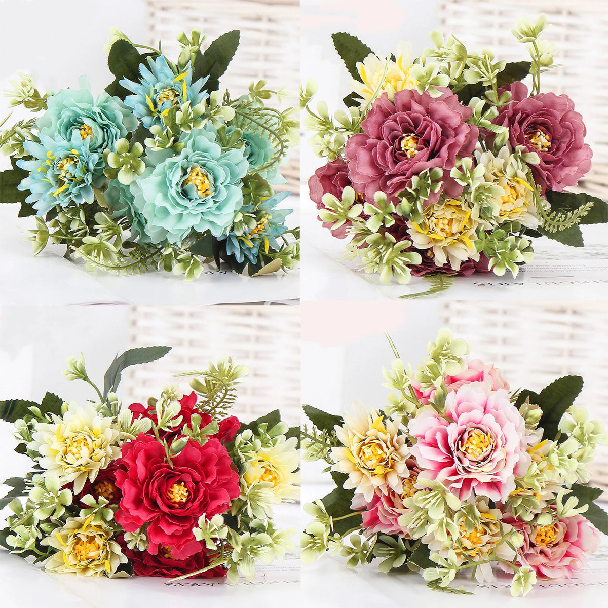 bouquet fleurs artificielles pivoine soie bleu rose rouge mariage décoration intérieur extérieur festivité chambre