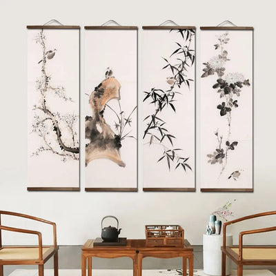 Toile bambou paysage encre chinois traditionnel décoration murale avec cadre