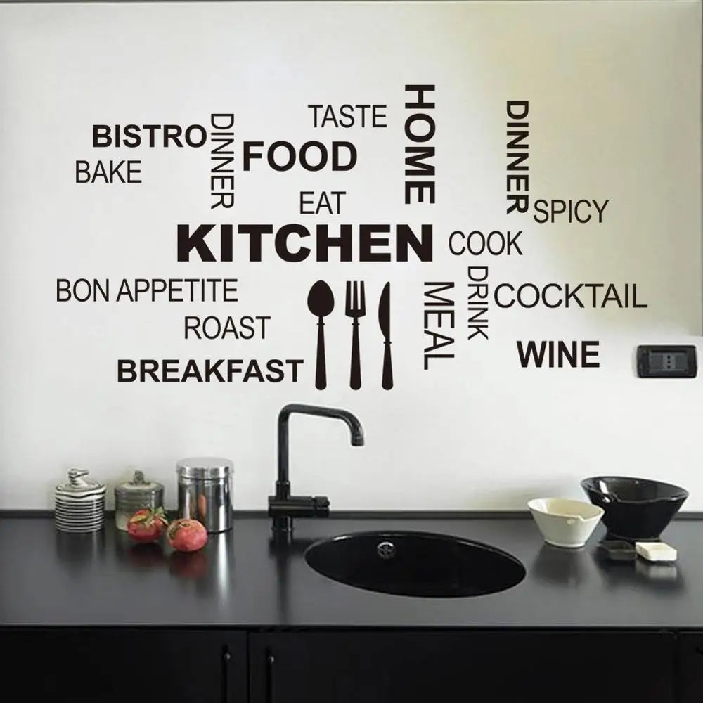 sticker mural adhésif texte cuisine noir typographique décoration murale intérieure pvc résistant eau 58cm