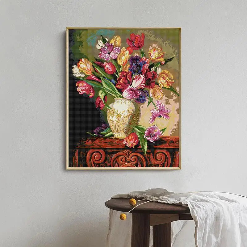kit broderie point croix bouquet fleurs vase toile imprimée 49 fils aiguille patron floral
