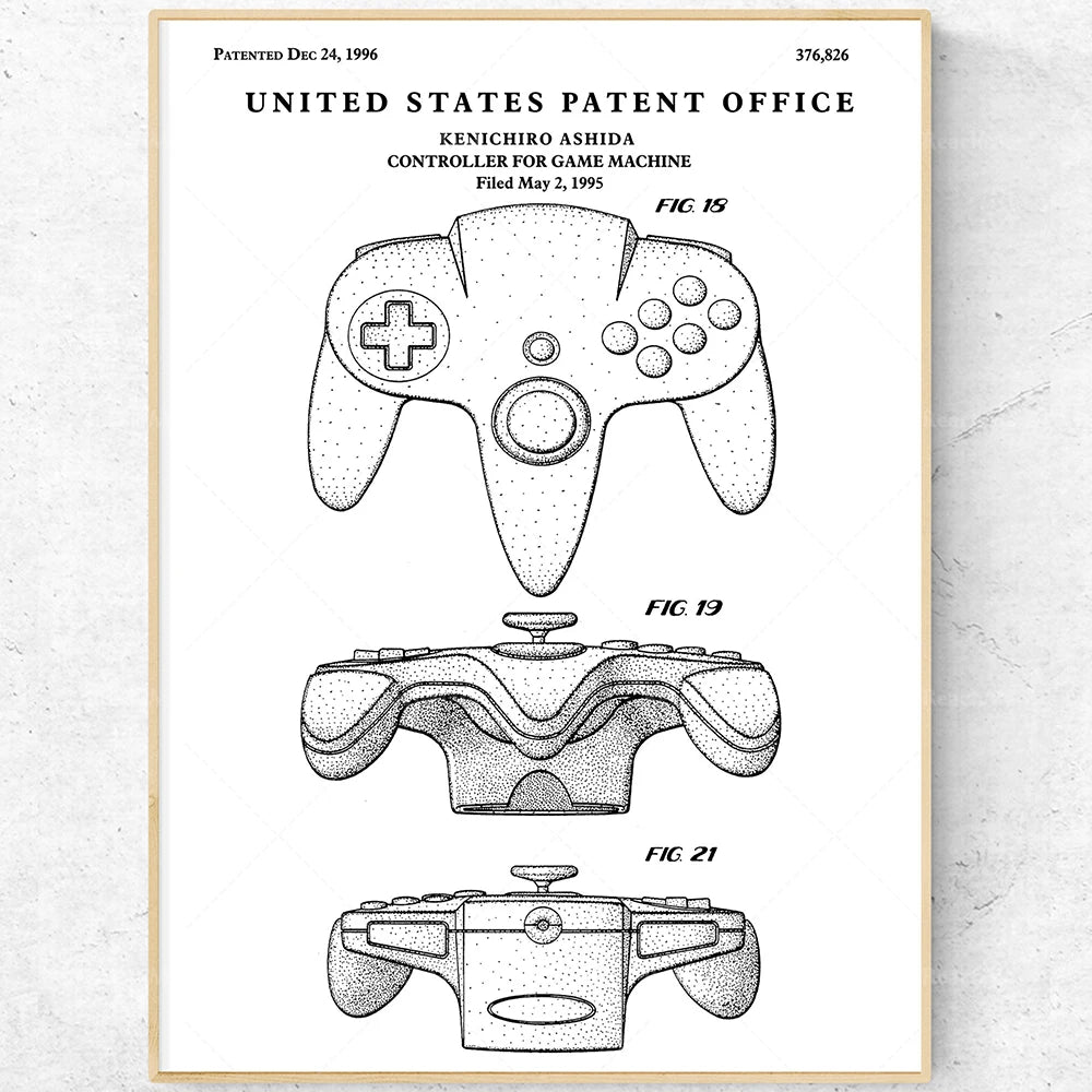 Ce brevet présente différentes vues d'un contrôleur de jeu conçu par Kenichiro Ashida, mettant en évidence les diverses fonctionnalités et caractéristiques de ce dispositif.