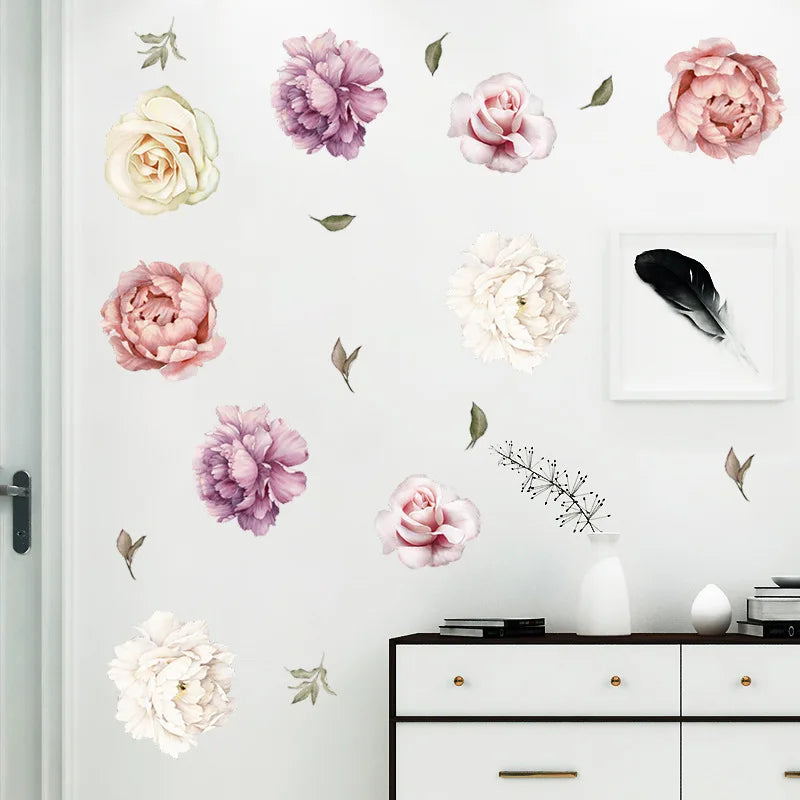 sticker mural fleur pivoine rose blanc romantique naturel adhésif chambre salon décoration moderne