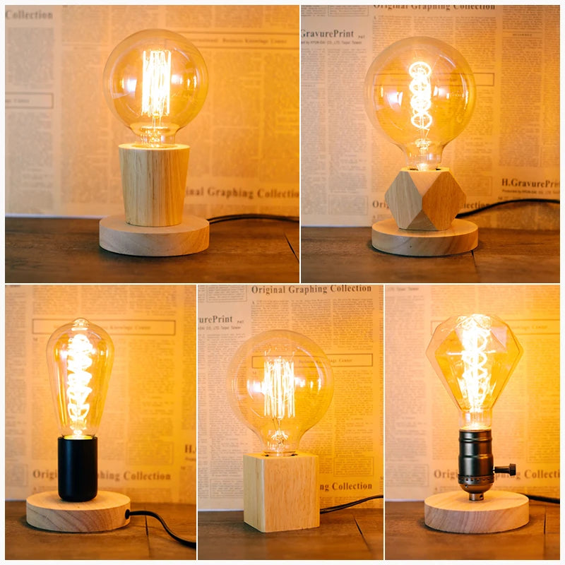 lampe table bois moderne industriel ampoule filament visible cylindre cube octaèdre chambre coucher deco