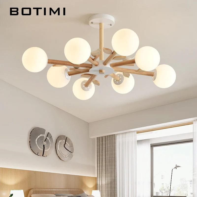 lampe suspendue moderne blanc bois boules translucides branches led chambre salle manger