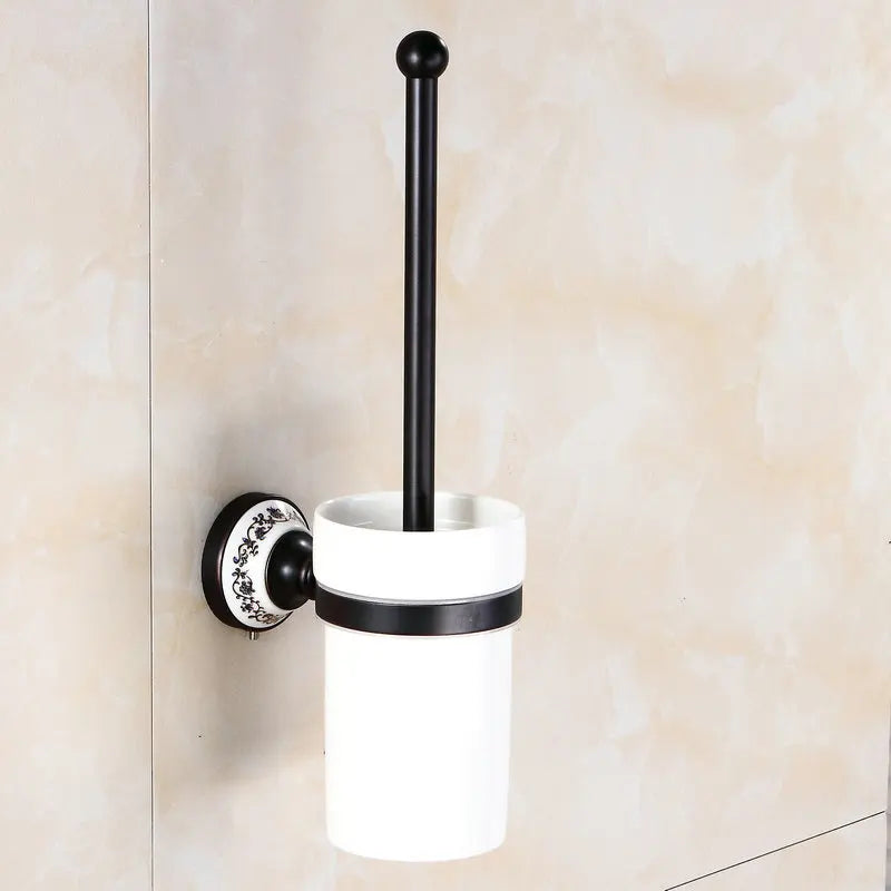 accessoires salle bain noir blanc motif floral classique porte serviettes papier toilette porte savon