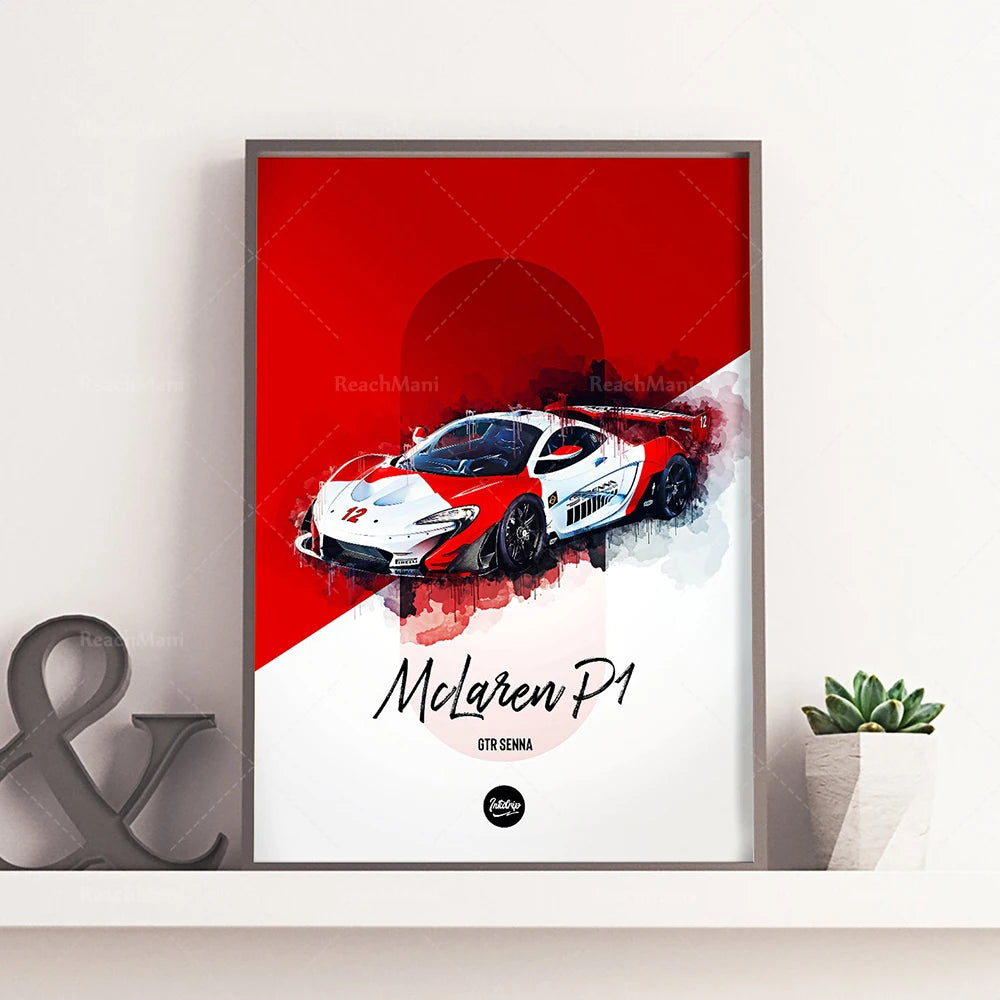 L'image montre une voiture de course rouge et blanche McLaren P1 avec le nom "Gtr Senna" inscrit en blanc sur un fond rouge et blanc avec un effet de peinture éclaboussée.