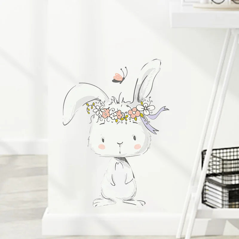 autocollant mural lapin mignon dessin animé adhésif chambre enfants décoration mur opaque Blanc Rose