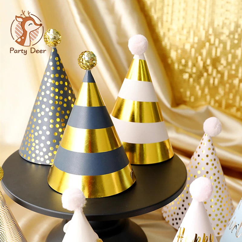 chapeaux fête anniversaire or bleu marine rayures pois dorés happy birthday moderne festif
