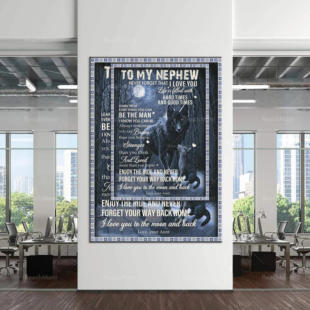 Cette image représente un panneau décoratif avec un message inspirant et réconfortant adressé à un neveu, l'encourageant à traverser les moments difficiles avec courage et sagesse, et lui exprimant l'amour et le soutien inconditionnel de sa tante.