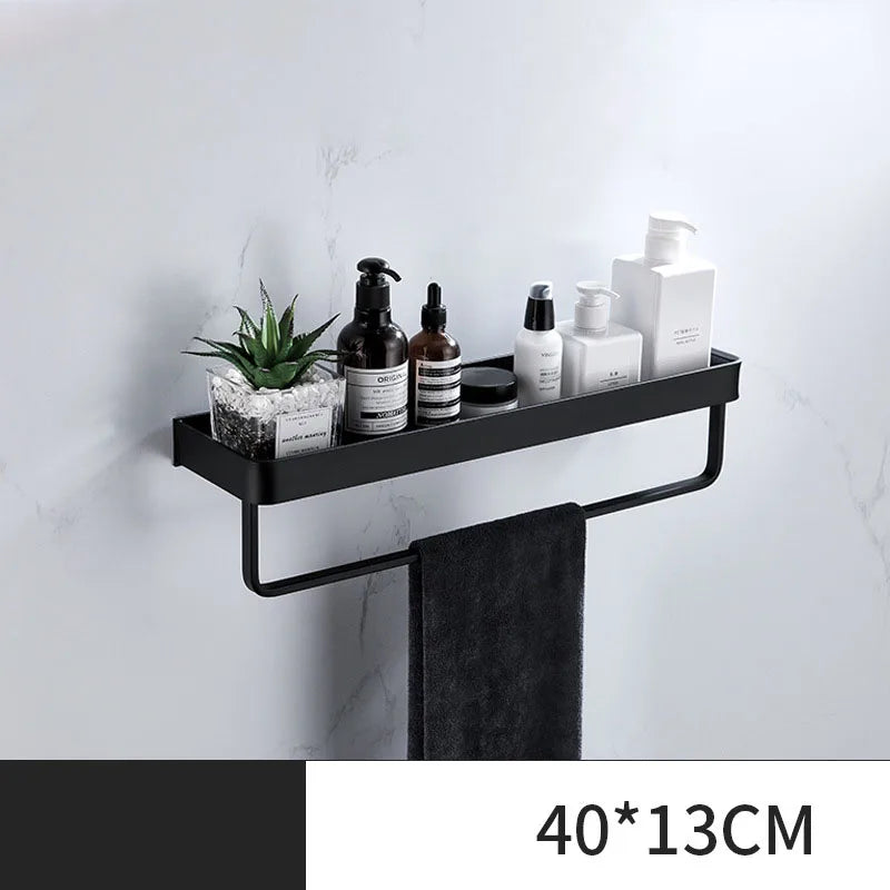 étagère salle bain double niveau murale alliage aluminium noir lisse moderne serviettes pots crèmes