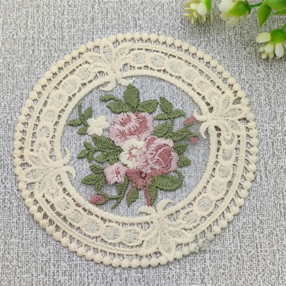 serviettes table vintage fleur rose verte bordure dentelée beige 12cm respectueux environnement moderne tapis