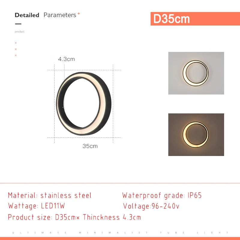 lampe circulaire moderne led blanc ip65 extérieure acier poli 11w 19w 24w 36w minimaliste