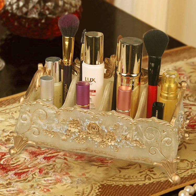 organisateur maquillage réutilisable résine fleurée classique beige doré rose bleu