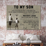 Tête de basketteur et jeune garçon sur fond de mur de briques rouges avec un message inspirant à l'attention du fils.