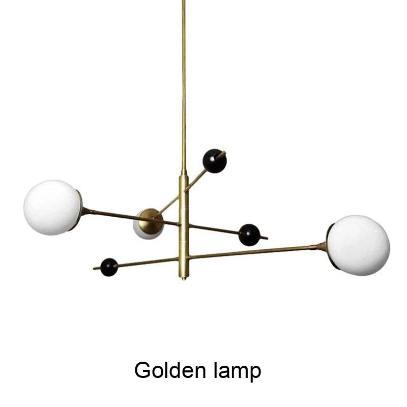 suspension lumineuse moderne or noir sphères blanches led minimaliste structure métallique chromé six globes