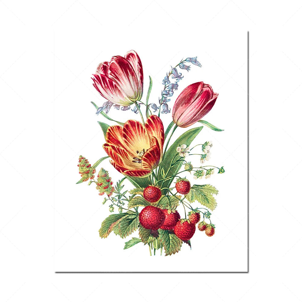 Un magnifique bouquet de fleurs colorées, incluant des tulipes rouges et jaunes, des fraises juteuses et d'autres fleurs printanières sur fond blanc.