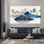 Magnifique scène hivernale avec des montagnes enneigées, des arbres dénudés et des silhouettes de cerfs sur une île réfléchie dans une étendue d'eau paisible, créant une ambiance sereine et contemplative.