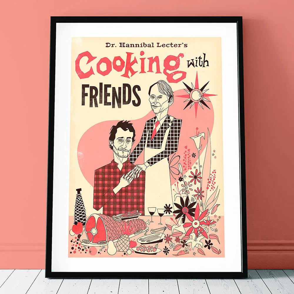 affiche humoristique vintage personnages fleurs texte beige rose noir blanc sans cadre