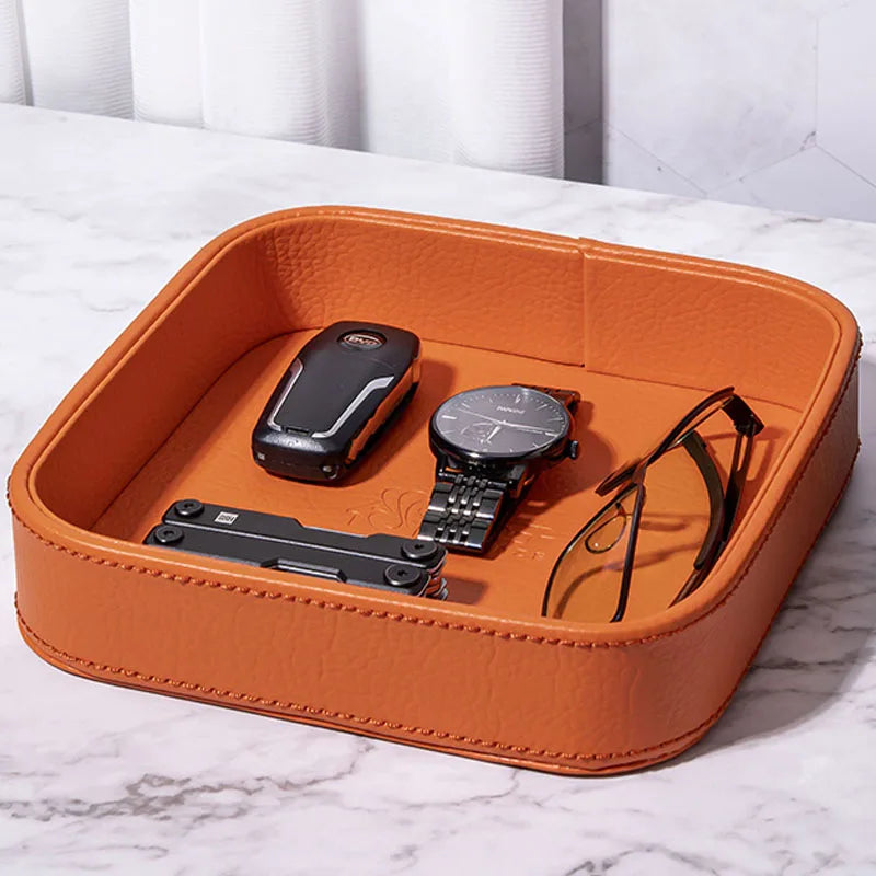 plateau rangement cuir orange grained moderne articles divers respectueux environnement 20cm 20cm 4.5cm