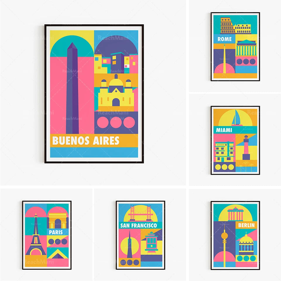 Paysages urbains colorés et stylisés de diverses villes du monde, notamment Buenos Aires, Rome, Miami, Paris, San Francisco et Berlin, illustrés dans un style graphique et géométrique.