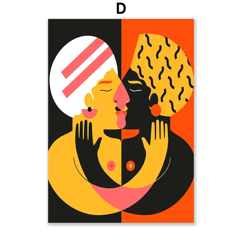 Deux figures abstraites et colorées, l'une en jaune et l'autre en noir, se font face dans une composition dynamique et contrastée.