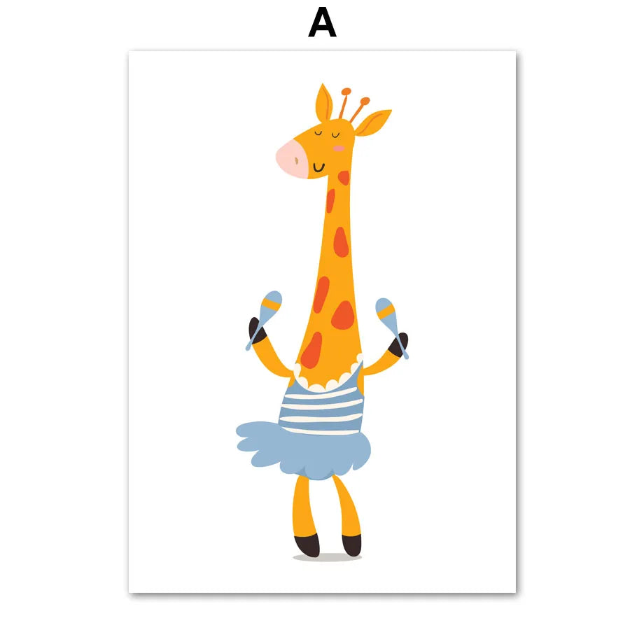 Une girafe souriante et colorée portant un tutu rayé bleu et blanc.