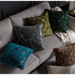 taies d'oreiller velours fleur motif floral damas relief élégantes classiques beige vert bleu marron