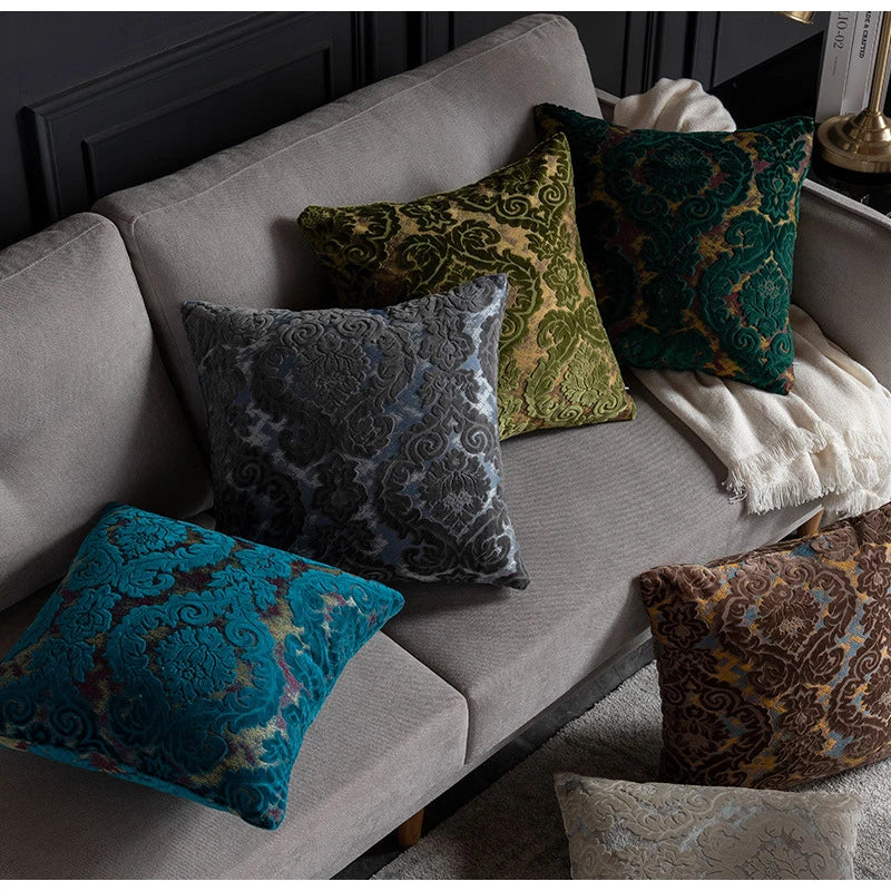 taies d'oreiller velours fleur motif floral damas relief élégantes classiques beige vert bleu marron