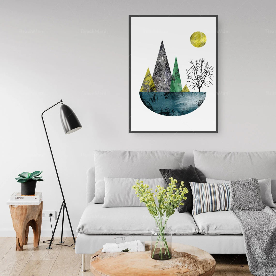 toile d'art paysage abstrait moderne minimaliste montagnes arbres soleil eau blanc gris vert bleu