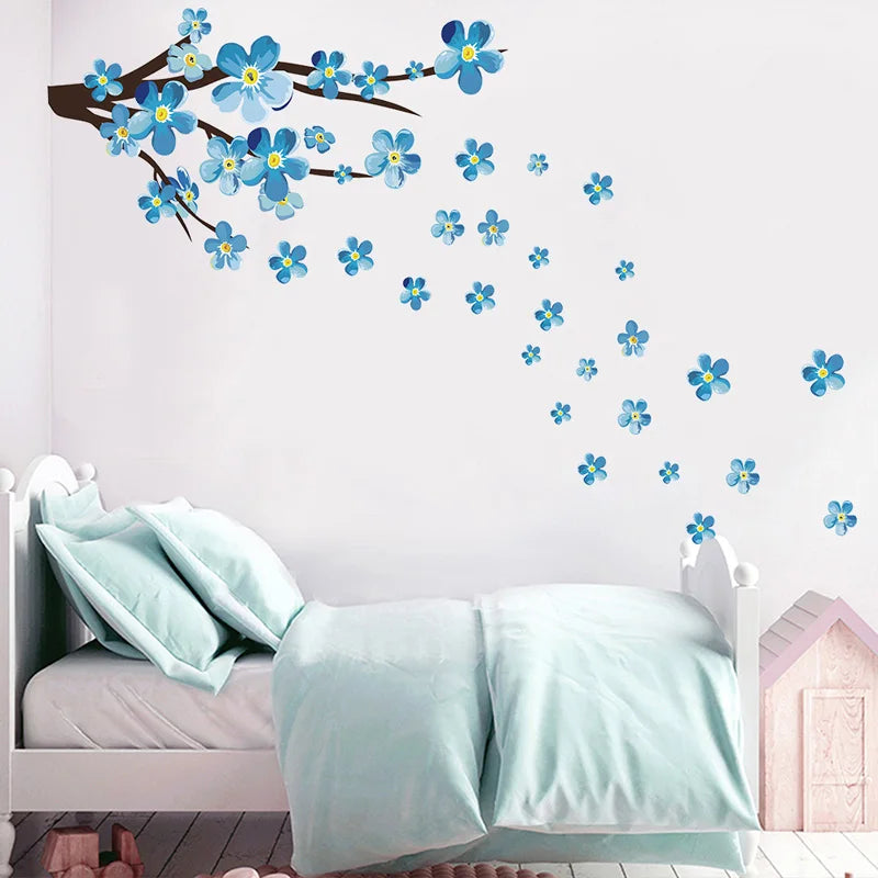 Stickers muraux adhésifs fleurs bleu blanches moderne décoration intérieure chambre salon 90x35cm
