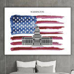 L'image représente le drapeau américain stylisé avec le bâtiment du Capitole de Washington en son centre, symbolisant la capitale des États-Unis.