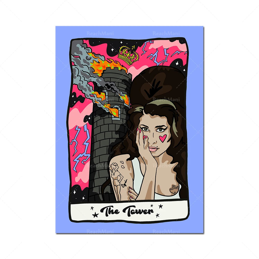 L'image montre une illustration colorée d'une femme au visage peint avec des éléments fantastiques et une tour en arrière-plan, le tout encadré sous le titre "The Tower".