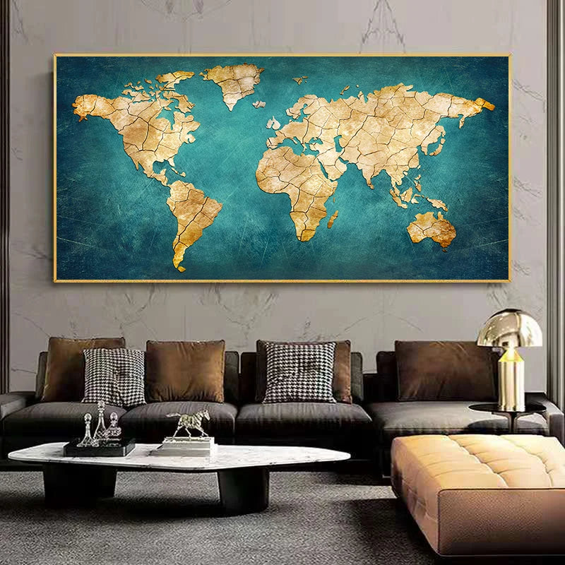 impression toile carte monde bleu moderne décoration intérieure salon chambre enfant affiche horizontal vieilli