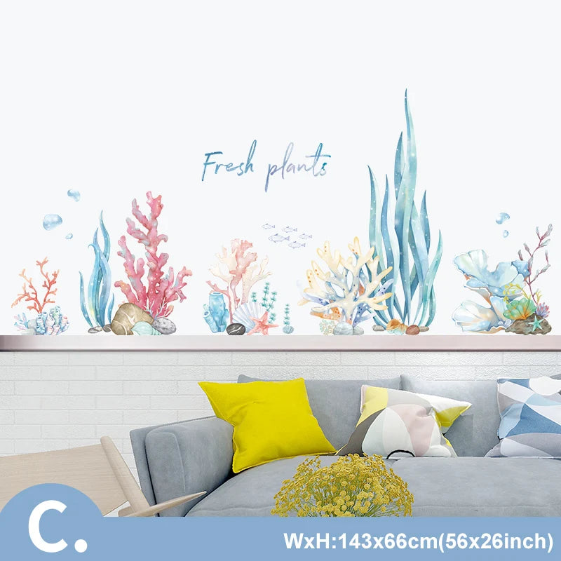 sticker mural baleine marine corail étoile mer enfant aquatique aquarelle transparent adhésif