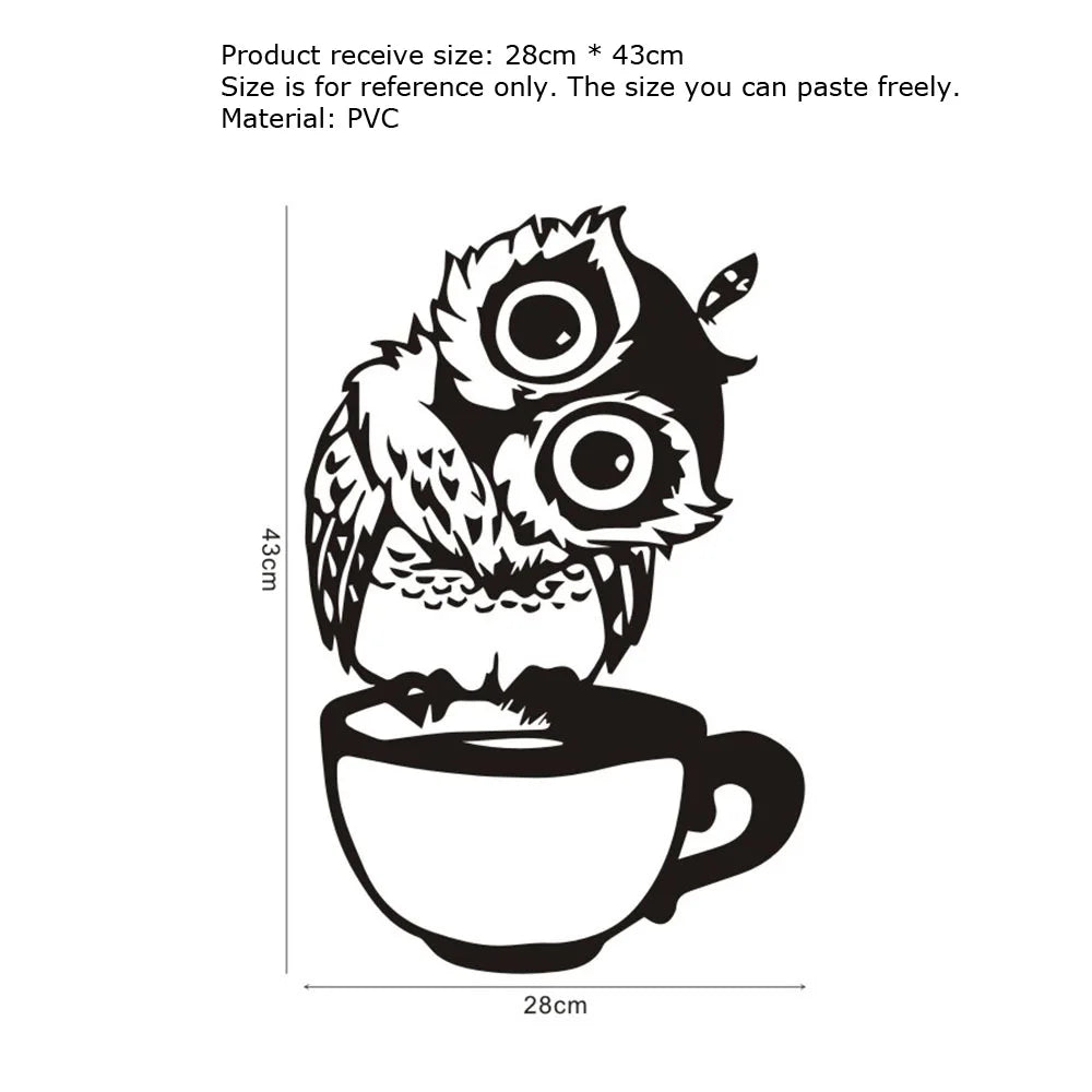autocollant mural hibou noir tasse graphique simple résistant eau salon chambre cuisine