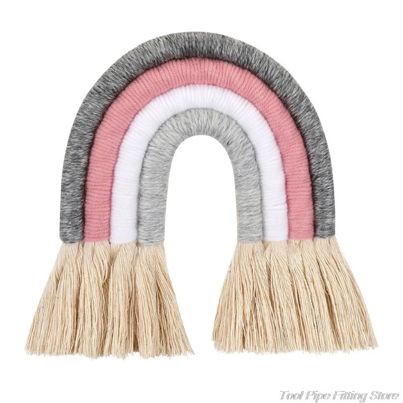 décoration murale arc ciel tissé franges boho chic marron beige bleu marine rose clair