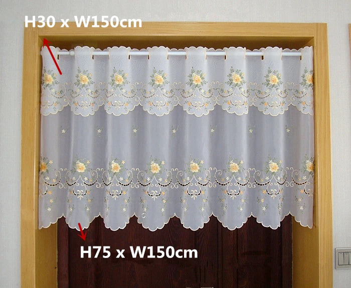 rideau blanc brodé fleurs or transparent classique fenêtre H30 W150 H90 W150 H75 W150