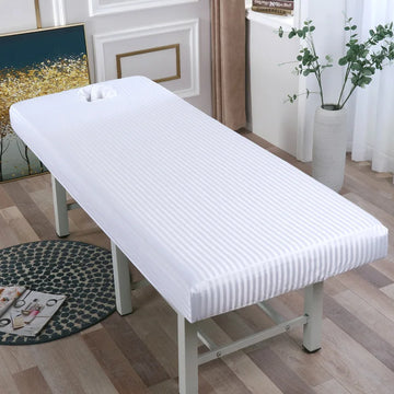 drap housse table massage satin rayures rose bleu violet trou coussin nuque