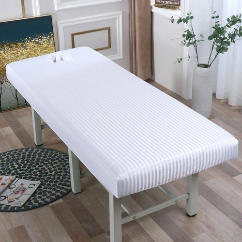 drap housse table massage satin rayures rose bleu violet trou coussin nuque