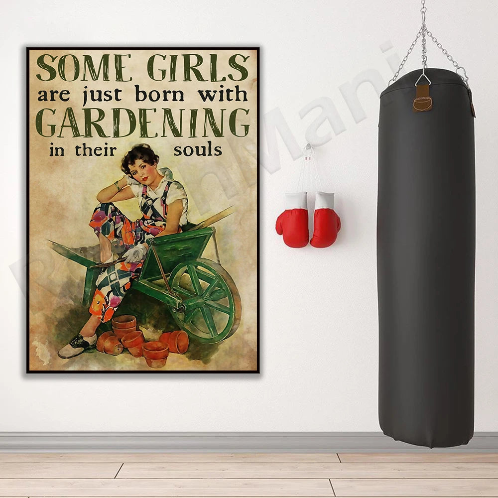 Toile d'art vintage illustration femme jardinage pots fleurs pelle verte beige noire blanche