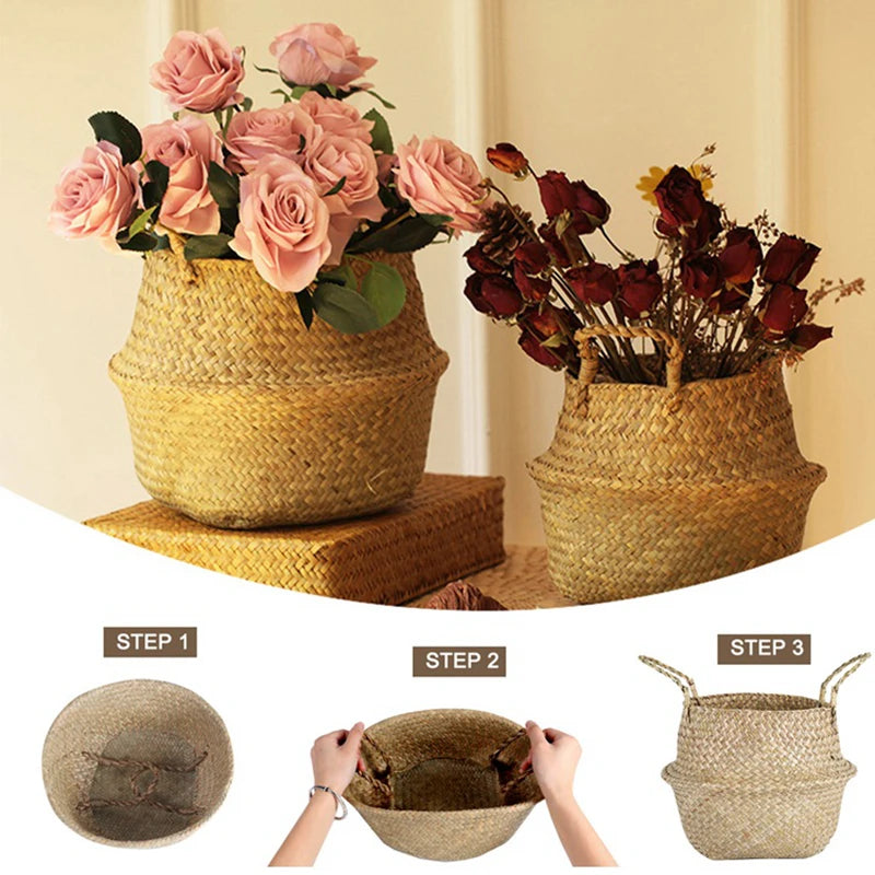 panier tissé osier pliable rangement stockage beige clair rustique naturel poignées corde