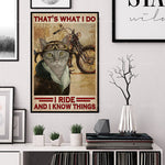 Le chat casqué sur une moto affirme qu'il aime faire de la moto et qu'il sait beaucoup de choses.